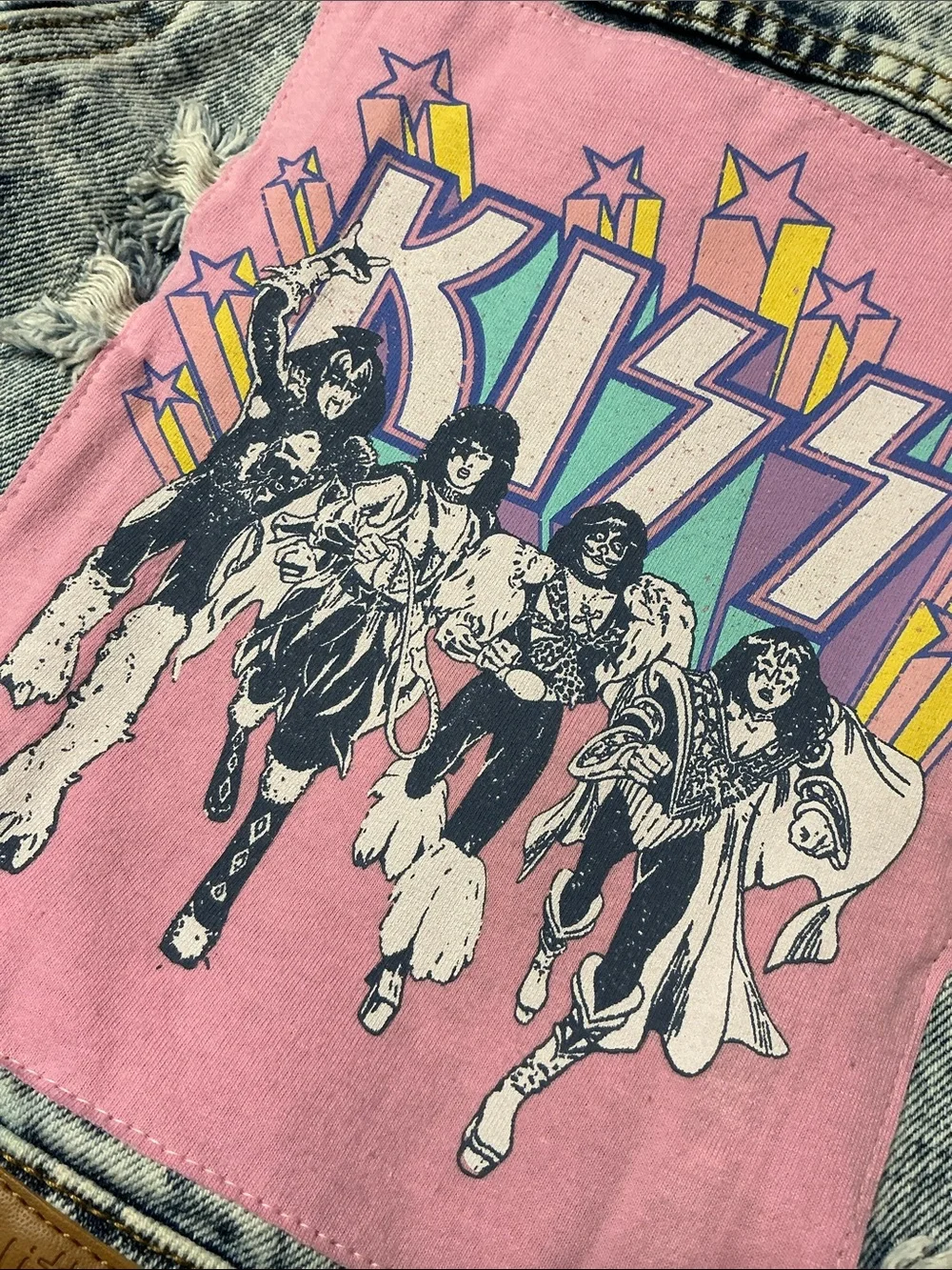 KISS Upcycled Denim 80s Stonewashed Distressed Band Jean Jacket Costume